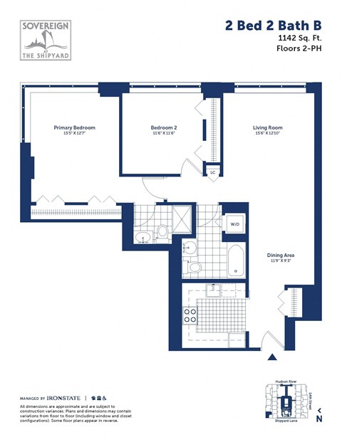 Floor plan for 2 beds, 2 baths, 1142 sqft